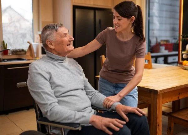 A caregiver warmly assisting a senior in the kitchen
